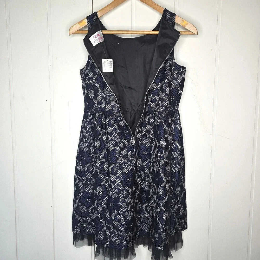Justice‎ Lace Tulle Fit and Flare Dress Girls 14 Navy Blue Silver Holiday Party
